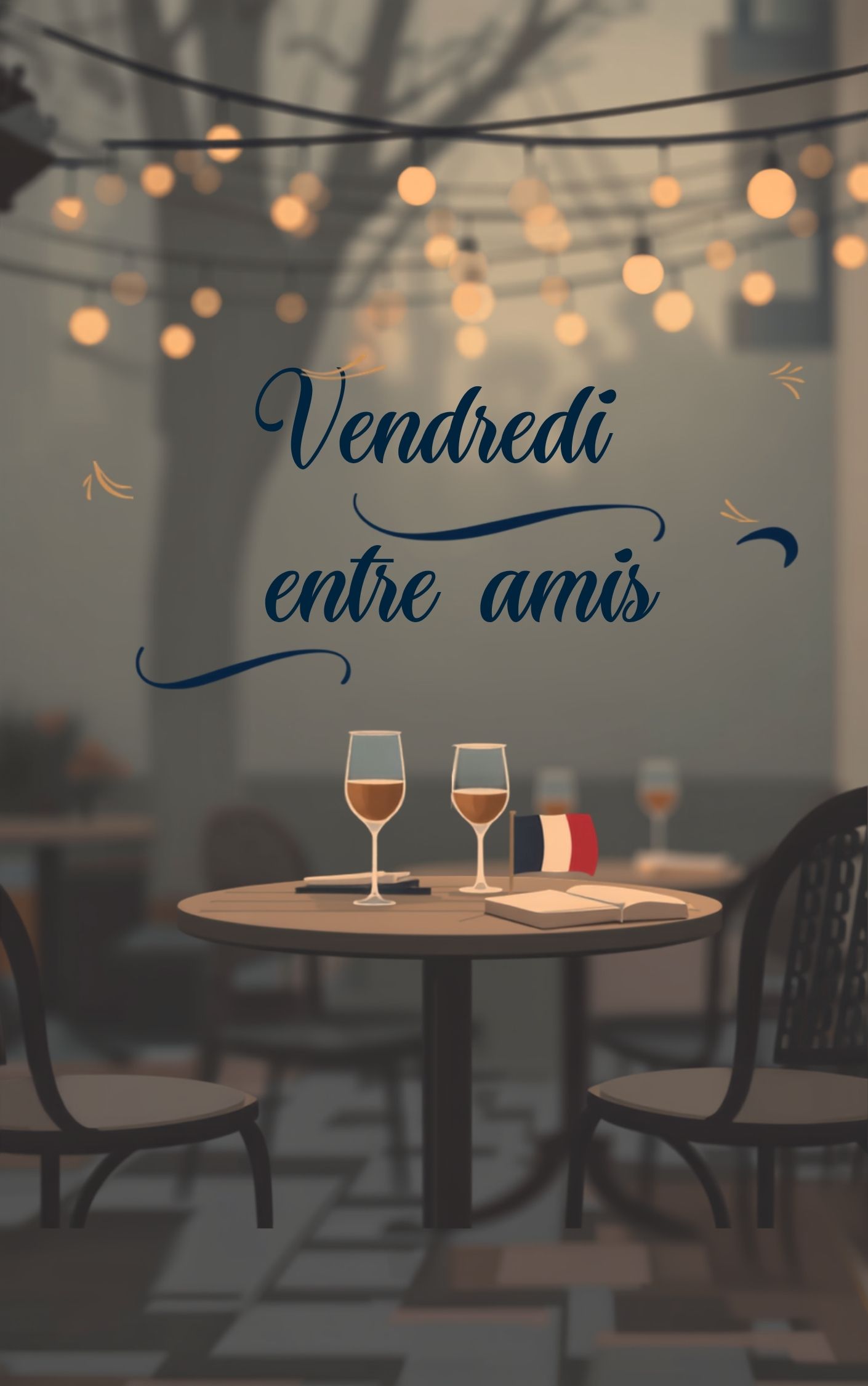 Terrasse de café parisienne, guirlande lumineuse et drapeau français